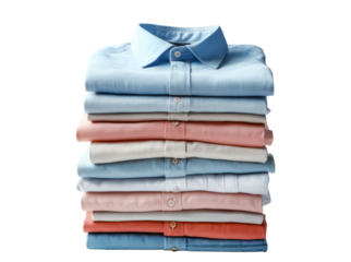 Stack of folded clothes. Pile of clean shirts isolated on white transparent background. PNG