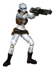 Fototapeta premium Female Cyborg Adventurer Shooting a Giant Gun, 3d digitally rendered science fiction illustration