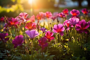 vibrant blooming flowers captured in the late afternoon - obrazy, fototapety, plakaty