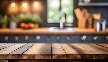 Wooden Wonders: Table on a Blurred Kitchen Bench