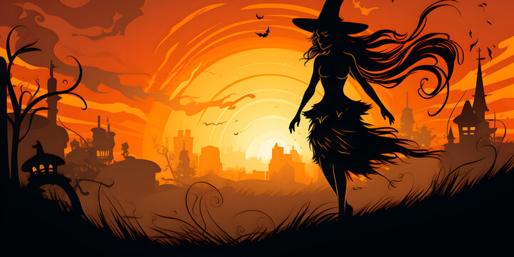 Illustration background silhouette witch at sunset