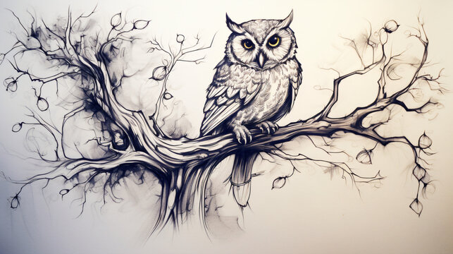 Tree with cute owl on its branch sketch