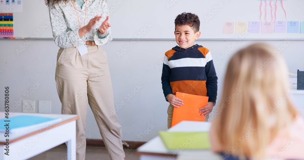 Poster Class, presentation and child speaker with applause and cheering in classroom at school. Young kid, education and oral reading of project with a student and teacher with children group in discussion