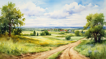 Watercolor illustration summertime rural landscape