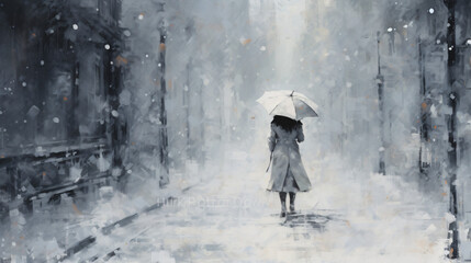 Woman in a white coat walking in a snowstorm