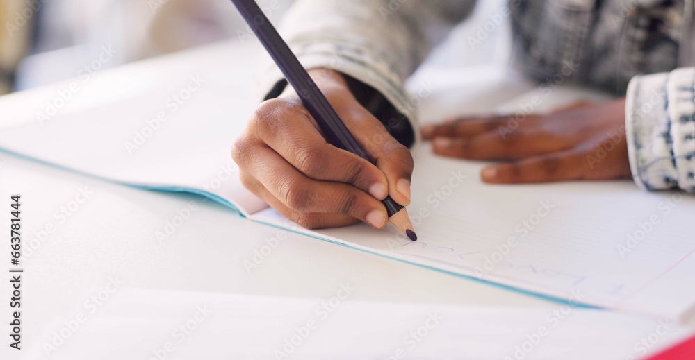 Aufkleber hands, kid and writing in book, classroom and learning with development, language or paper at desk. 