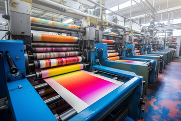Maquinaria de imprenta trabajando en nave industrial.