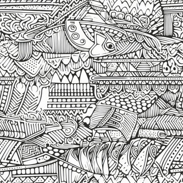 Fish underwater zentangle doodle repeat pattern ornament coloring pages black and white