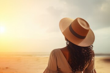 Sun protection - beach scene with a woman wearing a straw hat. Fictional characters created by Generated AI. - obrazy, fototapety, plakaty