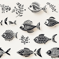 Fish underwater zentangle doodle repeat pattern ornament coloring pages black and white