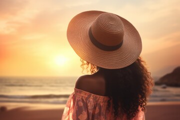 Woman with Straw Hat Enjoying the Beach at Sunset. Fictional characters created by Generated AI. - obrazy, fototapety, plakaty
