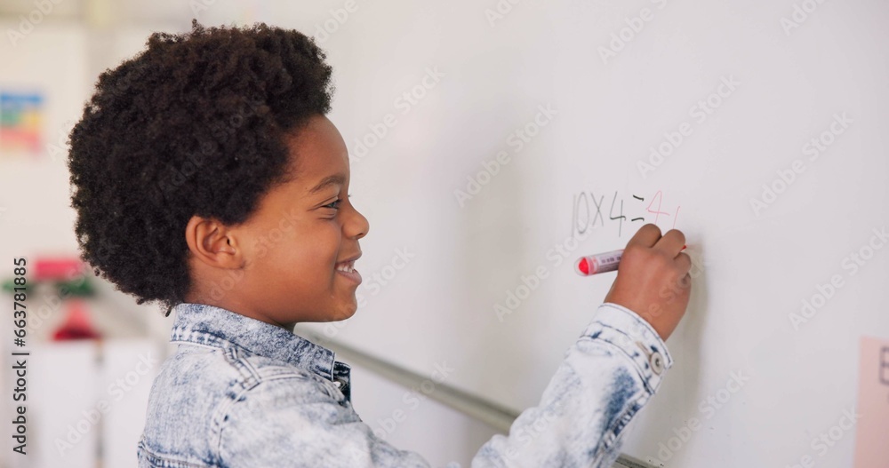 Aufkleber math class, happy child at board for education, learning and problem solving for skill development. 