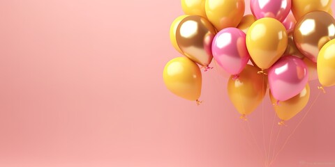Yellow and pink balloons have a background with space for written greetings