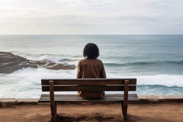 Fototapeta premium A woman sits alone on a bench overlooking the ocean, reflecting on life.. Fictional characters created by Generated AI.