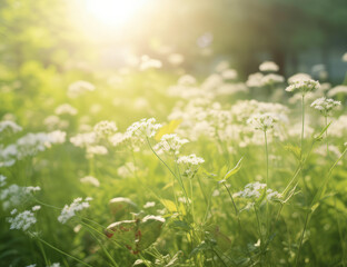 Sunny Meadow with Beautiful White Flowers Morning Look