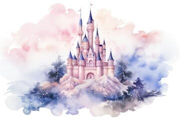 princess castle in clouds watercolor design illustration