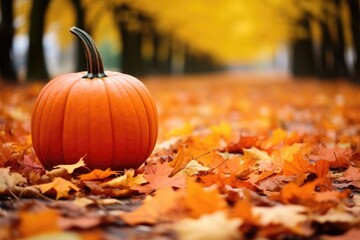 a pumpkin surrounded by autumn leaves - obrazy, fototapety, plakaty