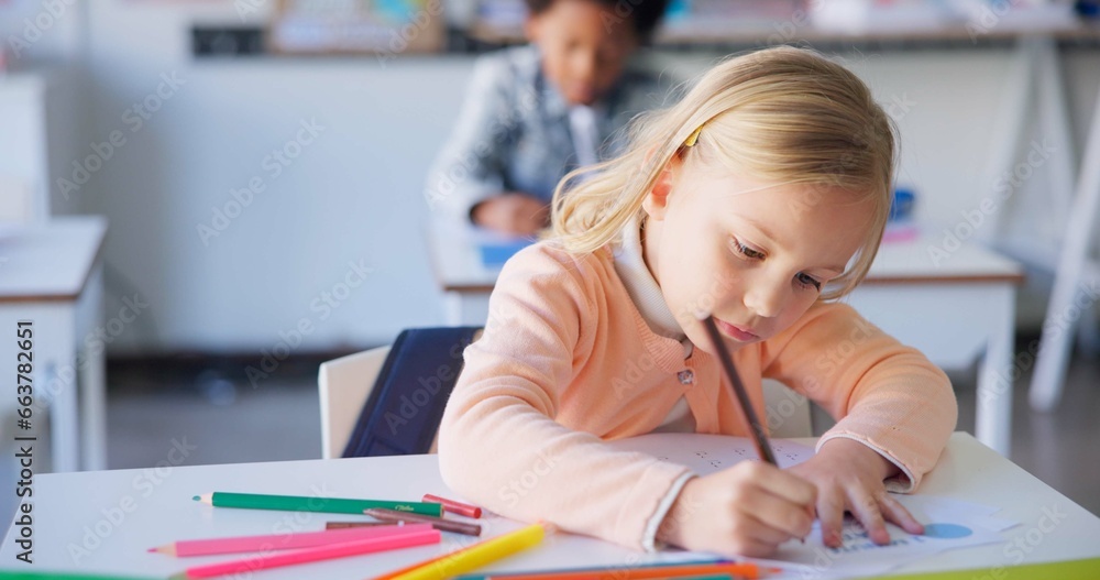 Poster Lesson, girl or students in a classroom, writing or knowledge with productivity, development or notebook. Drawing, children or kids with inspiration, teaching or test with idea, learning or education