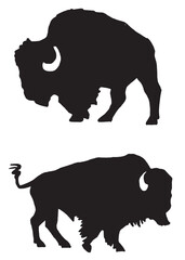 Vector silhouettes of  bison isolated on white, black figures graphical illustration
