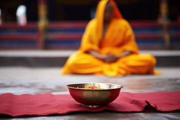 a monks alms bowl and saffron robe against a temple background - obrazy, fototapety, plakaty