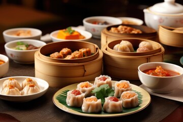 chinese dim sum selection with dumplings and buns - obrazy, fototapety, plakaty