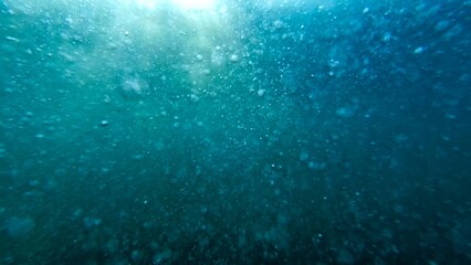 Air bubbles rising from the sea bottom to the water surface, complemented by the sun rays through...