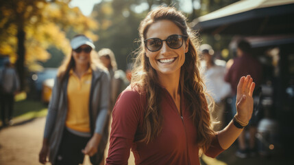 Portrait of smiling young woman in sunglasses walking in park with friends. - obrazy, fototapety, plakaty