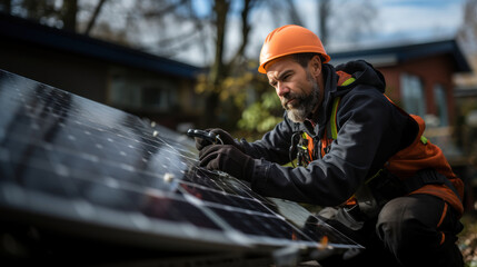 Worker installing solar panels on the roof of a new house. Cell farm power plant eco technology. - obrazy, fototapety, plakaty