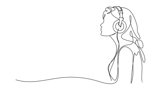 animated continuous single line drawing of young woman wearing headphones listening to music, line art animation