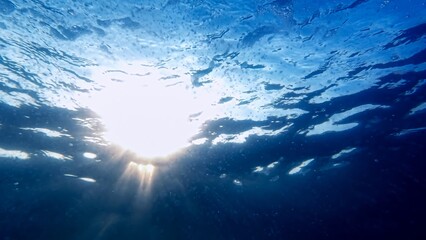 View from the sea bottom on bright sun shining through clear blue sea water
