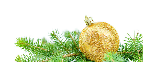 Golden ornaments on fir branches isolated on white background. Gold glittering Christmas concept.