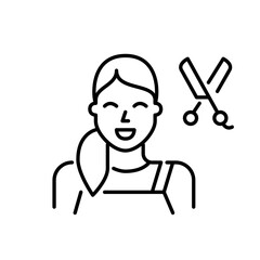 Obraz premium Trendy hair stylist. Girl in apron holding scissors. Hair salon. Pixel perfect, editable stroke icon