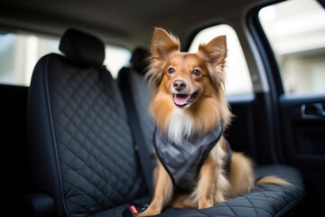 groomed dog seated on a pet car seat cover