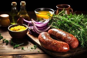 german sausages and mustard on rustic wooden table