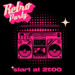 Retro party poster template with boombox on grunge background. Design elements for poster, flyer. Vector illustration.