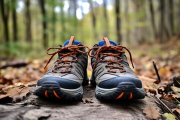 a pair of sneakers at the start of a trail - obrazy, fototapety, plakaty