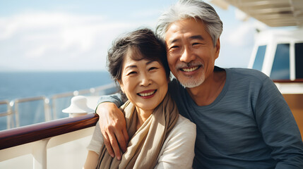 Happy senior japanese, asian couple on the deck of a cruise ship in the mediterranean - obrazy, fototapety, plakaty