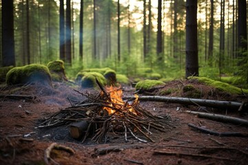 an unattended campfire smoldering in a forest clearing - obrazy, fototapety, plakaty