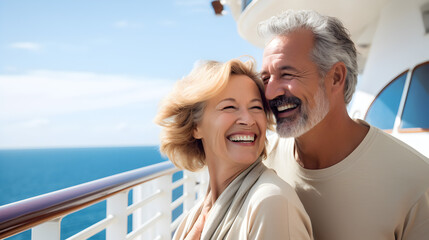 Happy senior white couple enjoying a cruise together - obrazy, fototapety, plakaty