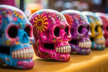 Fotobehang Colorful traditional mexican ceramic skulls. Generative AI © barmaleeva