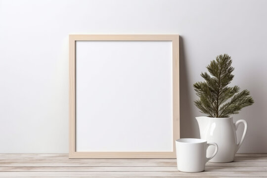 Minimal festive Christmas decor. Blank picture frame mockup with pine tree branches and cup of coffee. Generative AI