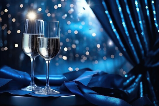 New year's eve celebration background with champagne. Blue bokeh. Generative AI