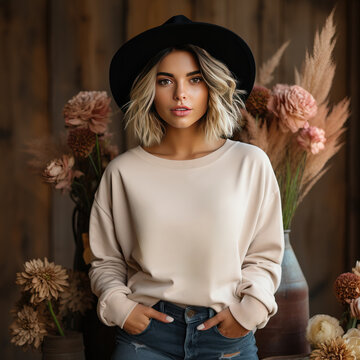 Beautiful Woman Wearing A Blank Solid Sand Beige Crewneck Sweatshirt And Wide Brim Hat Posing In A Rustic Barn With Romantic Boho Florals 