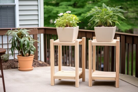 handmade wooden plant stands on patio