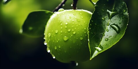  A Close Look at a Green Apple, Drenched Green Apple with Raindrops, Dew, and Organic Fruit in Nature's Beauty generative AI