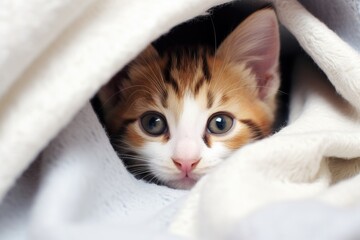 a kitten timidly hiding under a blanket