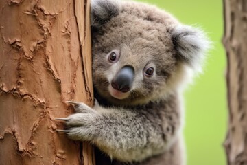 koala bear clinging onto a eucalyptus tree