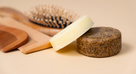 Solid shampoos are natural hair care. Eco-friendly cosmetics without plastic