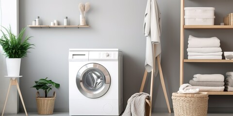 a design for arranging the washing machine and racks for clothes, towels and so on - obrazy, fototapety, plakaty