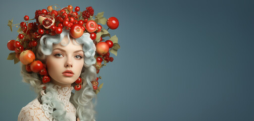 Portrait of a woman with fruit in her hair, like red currants and apples, healthy eating, harvest...